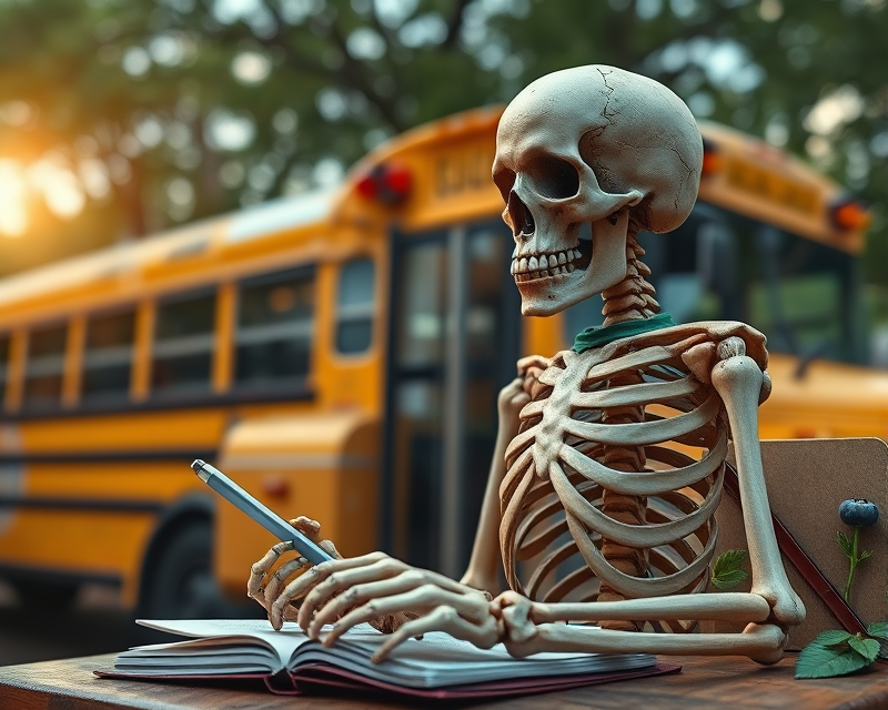 skeleton, school bus, notebook, blueberry